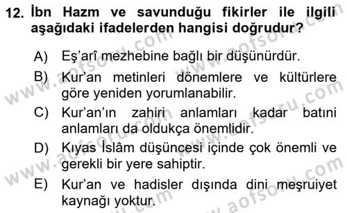 İslam Düşünce Tarihi Dersi 2019 - 2020 Yılı (Vize) Ara Sınav Soruları 12. Soru