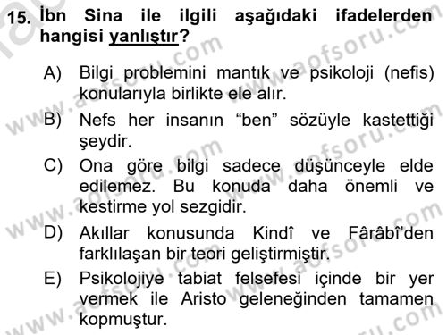 İslam Düşünce Tarihi Dersi Ara Sınavı Deneme Sınav Soruları 15. Soru