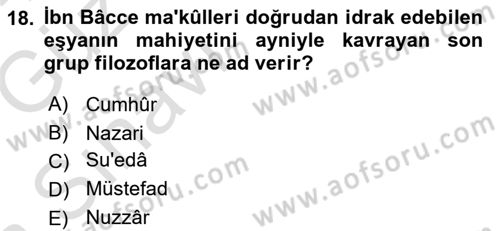 İslam Düşünce Tarihi Dersi 2019 - 2020 Yılı (Vize) Ara Sınav Soruları 18. Soru