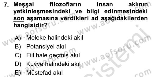 İslam Düşünce Tarihi Dersi Ara Sınavı Deneme Sınav Soruları 7. Soru