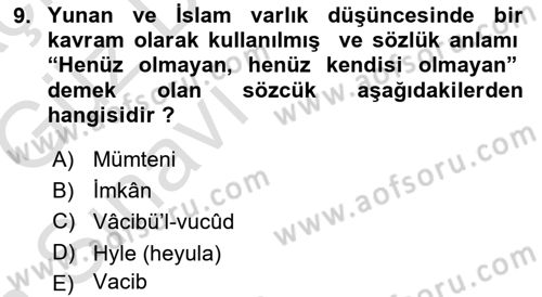 İslam Düşünce Tarihi Dersi 2019 - 2020 Yılı (Vize) Ara Sınav Soruları 9. Soru