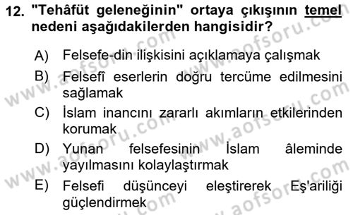 İslam Düşünce Tarihi Dersi 2019 - 2020 Yılı (Final) Dönem Sonu Sınav Soruları 12. Soru