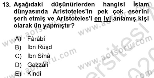 İslam Düşünce Tarihi Dersi 2019 - 2020 Yılı (Final) Dönem Sonu Sınav Soruları 13. Soru