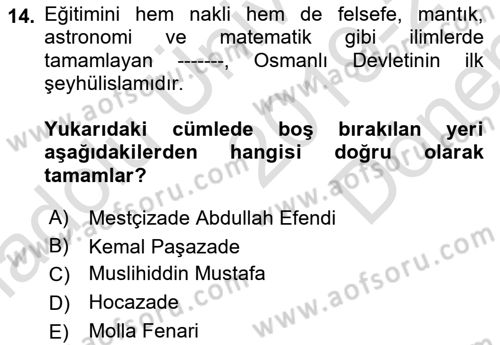İslam Düşünce Tarihi Dersi 2019 - 2020 Yılı (Final) Dönem Sonu Sınav Soruları 14. Soru