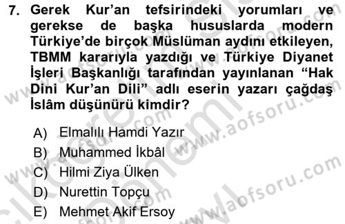 İslam Düşünce Tarihi Dersi 2019 - 2020 Yılı (Final) Dönem Sonu Sınav Soruları 7. Soru