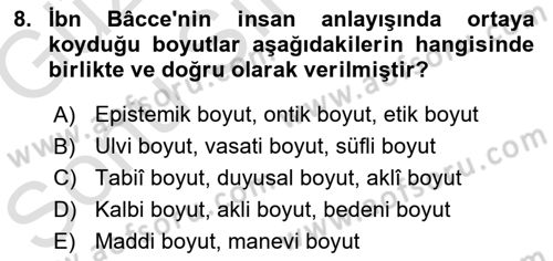 İslam Düşünce Tarihi Dersi 2019 - 2020 Yılı (Final) Dönem Sonu Sınav Soruları 8. Soru
