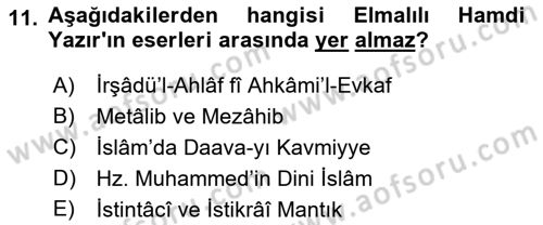 İslam Düşünce Tarihi Dersi 2020 - 2021 Yılı Yaz Okulu Sınav Soruları 11. Soru