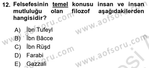 İslam Düşünce Tarihi Dersi 2020 - 2021 Yılı Yaz Okulu Sınav Soruları 12. Soru