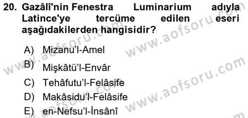 İslam Düşünce Tarihi Dersi 2020 - 2021 Yılı Yaz Okulu Sınav Soruları 20. Soru