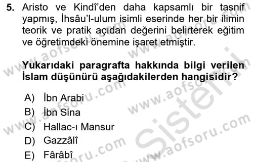 İslam Düşünce Tarihi Dersi 2020 - 2021 Yılı Yaz Okulu Sınav Soruları 5. Soru