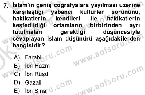İslam Düşünce Tarihi Dersi 2020 - 2021 Yılı Yaz Okulu Sınav Soruları 7. Soru