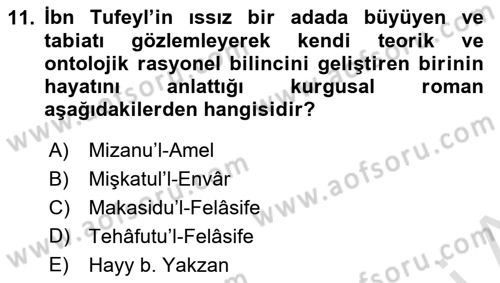 İslam Düşünce Tarihi Dersi 2021 - 2022 Yılı (Vize) Ara Sınavı 11. Soru