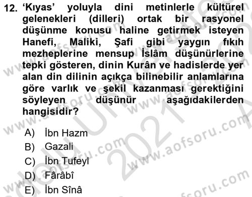 İslam Düşünce Tarihi Dersi 2021 - 2022 Yılı (Vize) Ara Sınavı 12. Soru