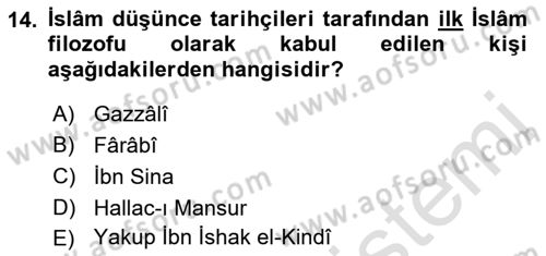 İslam Düşünce Tarihi Dersi 2021 - 2022 Yılı (Vize) Ara Sınav Soruları 14. Soru