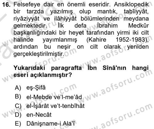 İslam Düşünce Tarihi Dersi 2021 - 2022 Yılı (Vize) Ara Sınavı 16. Soru