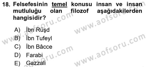 İslam Düşünce Tarihi Dersi 2021 - 2022 Yılı (Vize) Ara Sınavı 18. Soru