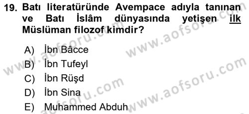 İslam Düşünce Tarihi Dersi 2021 - 2022 Yılı (Vize) Ara Sınavı 19. Soru