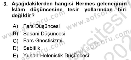 İslam Düşünce Tarihi Dersi 2021 - 2022 Yılı (Vize) Ara Sınavı 3. Soru