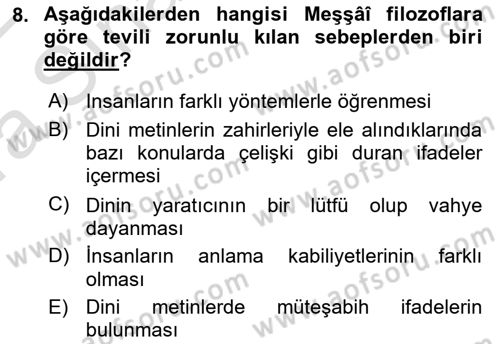 İslam Düşünce Tarihi Dersi 2021 - 2022 Yılı (Vize) Ara Sınavı 8. Soru