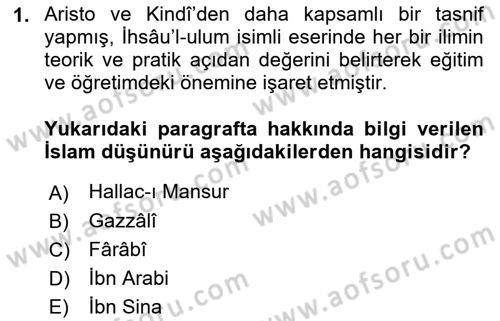 İslam Düşünce Tarihi Dersi 2021 - 2022 Yılı (Final) Dönem Sonu Sınav Soruları 1. Soru