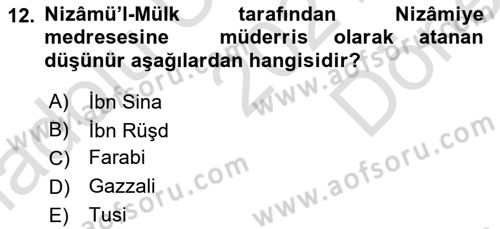 İslam Düşünce Tarihi Dersi 2021 - 2022 Yılı (Final) Dönem Sonu Sınav Soruları 12. Soru