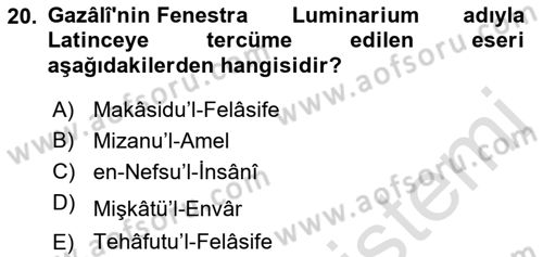 İslam Düşünce Tarihi Dersi 2021 - 2022 Yılı (Final) Dönem Sonu Sınav Soruları 20. Soru