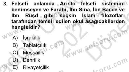 İslam Düşünce Tarihi Dersi 2021 - 2022 Yılı (Final) Dönem Sonu Sınav Soruları 3. Soru