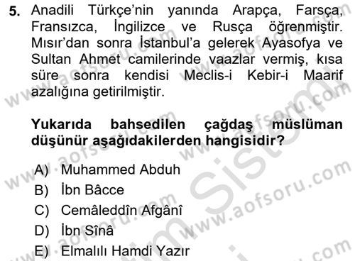 İslam Düşünce Tarihi Dersi 2021 - 2022 Yılı (Final) Dönem Sonu Sınav Soruları 5. Soru