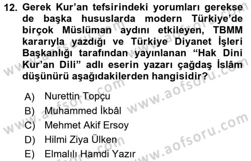 İslam Düşünce Tarihi Dersi 2021 - 2022 Yılı Yaz Okulu Sınav Soruları 12. Soru