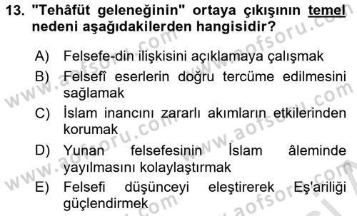 İslam Düşünce Tarihi Dersi 2021 - 2022 Yılı Yaz Okulu Sınav Soruları 13. Soru