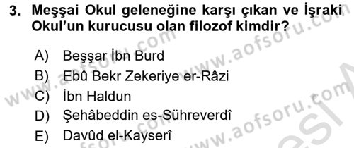 İslam Düşünce Tarihi Dersi 2021 - 2022 Yılı Yaz Okulu Sınav Soruları 3. Soru