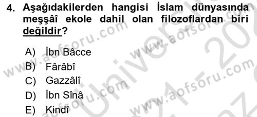 İslam Düşünce Tarihi Dersi 2021 - 2022 Yılı Yaz Okulu Sınav Soruları 4. Soru