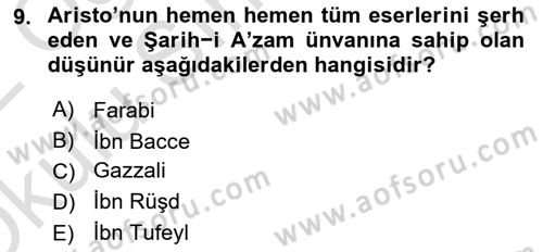İslam Düşünce Tarihi Dersi 2021 - 2022 Yılı Yaz Okulu Sınav Soruları 9. Soru
