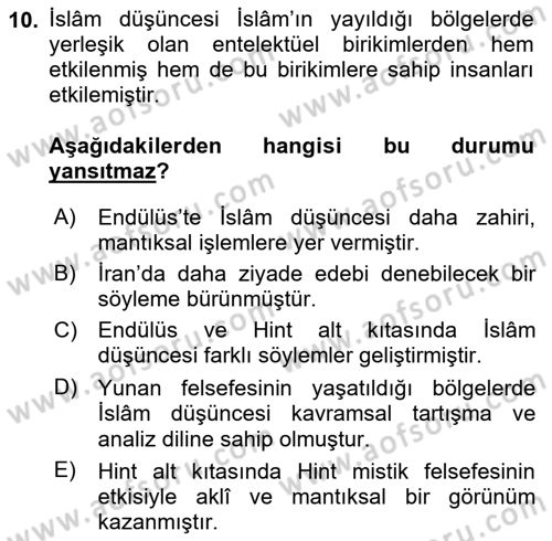 İslam Düşünce Tarihi Dersi Ara Sınavı Deneme Sınav Soruları 10. Soru