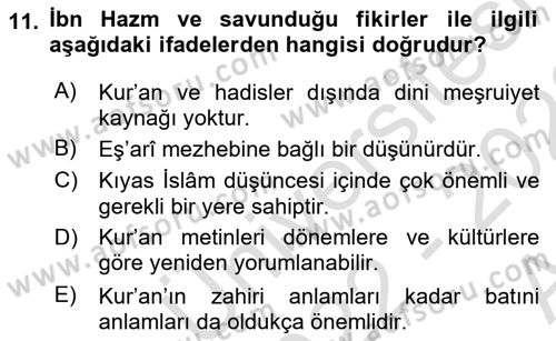 İslam Düşünce Tarihi Dersi 2022 - 2023 Yılı (Vize) Ara Sınav Soruları 11. Soru