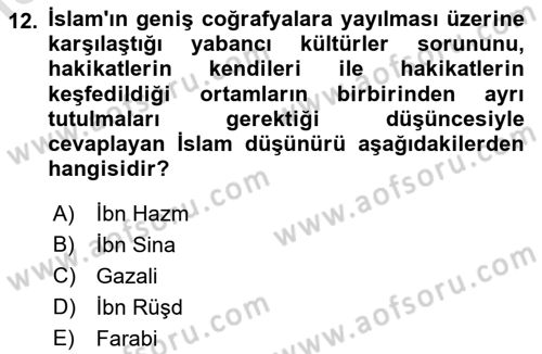 İslam Düşünce Tarihi Dersi Ara Sınavı Deneme Sınav Soruları 12. Soru