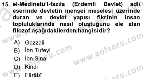 İslam Düşünce Tarihi Dersi Ara Sınavı Deneme Sınav Soruları 15. Soru