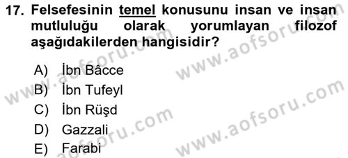 İslam Düşünce Tarihi Dersi Ara Sınavı Deneme Sınav Soruları 17. Soru