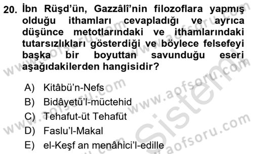 İslam Düşünce Tarihi Dersi Ara Sınavı Deneme Sınav Soruları 20. Soru