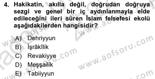İslam Düşünce Tarihi Dersi Ara Sınavı Deneme Sınav Soruları 4. Soru