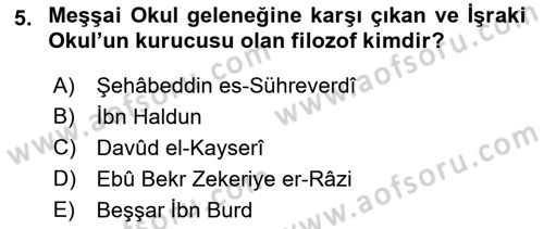 İslam Düşünce Tarihi Dersi Ara Sınavı Deneme Sınav Soruları 5. Soru