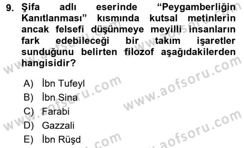 İslam Düşünce Tarihi Dersi 2022 - 2023 Yılı (Vize) Ara Sınav Soruları 9. Soru