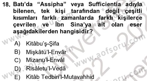İslam Düşünce Tarihi Dersi 2022 - 2023 Yılı (Final) Dönem Sonu Sınav Soruları 18. Soru