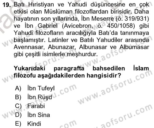 İslam Düşünce Tarihi Dersi 2022 - 2023 Yılı (Final) Dönem Sonu Sınav Soruları 19. Soru