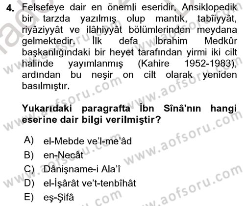 İslam Düşünce Tarihi Dersi 2022 - 2023 Yılı (Final) Dönem Sonu Sınav Soruları 4. Soru