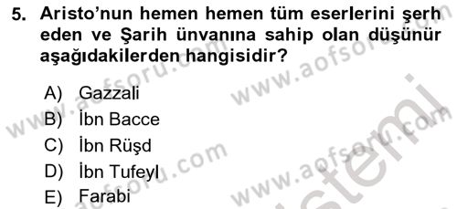 İslam Düşünce Tarihi Dersi 2022 - 2023 Yılı (Final) Dönem Sonu Sınav Soruları 5. Soru