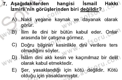 İslam Düşünce Tarihi Dersi 2022 - 2023 Yılı (Final) Dönem Sonu Sınav Soruları 7. Soru