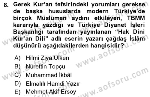 İslam Düşünce Tarihi Dersi 2022 - 2023 Yılı (Final) Dönem Sonu Sınav Soruları 8. Soru