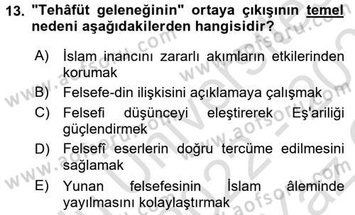 İslam Düşünce Tarihi Dersi 2022 - 2023 Yılı Yaz Okulu Sınav Soruları 13. Soru