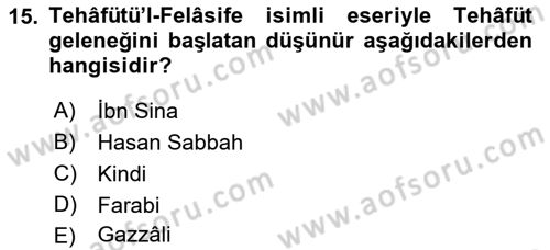 İslam Düşünce Tarihi Dersi 2022 - 2023 Yılı Yaz Okulu Sınav Soruları 15. Soru
